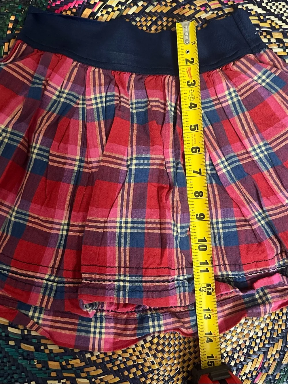 Y2K Abercrombie & Fitch Red Plaid Skater Skirt with Navy Waistband